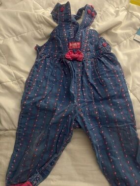 OshKosh B'gosh Blue Denim Overalls with Pink Heart Print and Bow